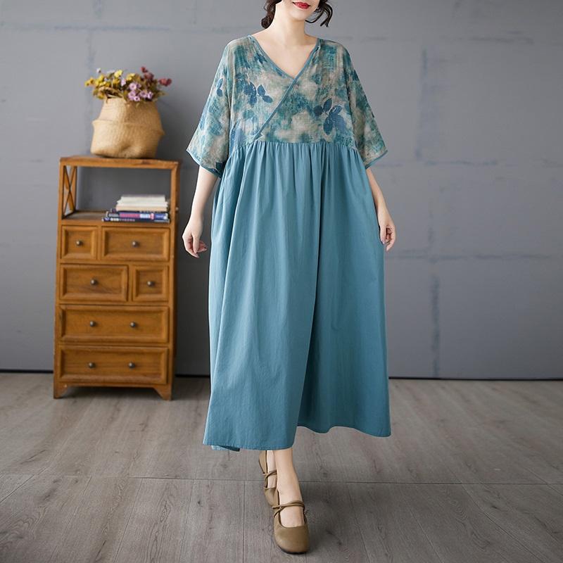 Kurzarm Plus Size Baumwolle Vintage Blumenmuster Neu in Kleidern für Damen lässig locker langes Sommerkleid