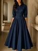 Women Lapel Collar Button Down Midi Dress Puff Sleeve Casual Loose Fit Vintage Elegant Long Dress