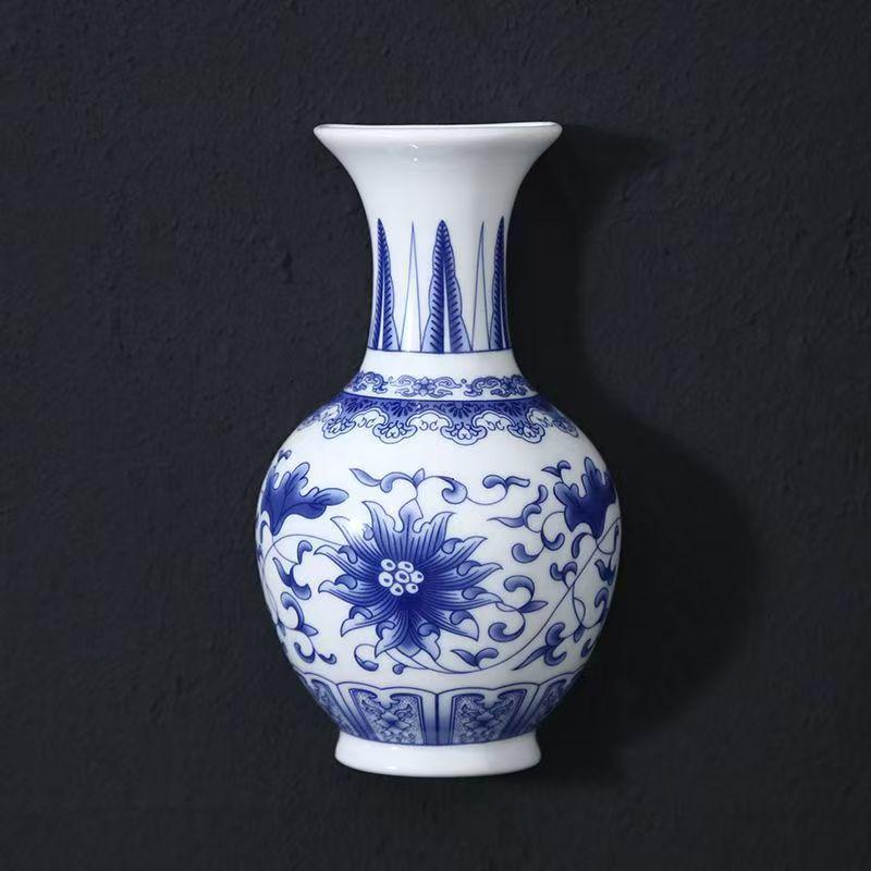Blue and White Porcelain Chinese Zen Wall Vase - Ceramic Hanging Ornament for Office or Home Decor