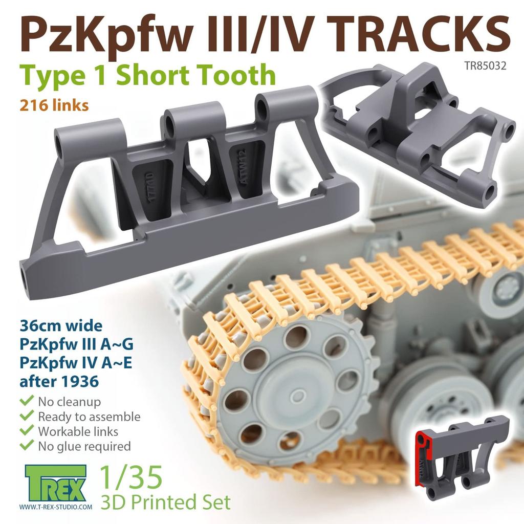 T-Rex Studio 1/35 Scale Model Kit for Panzer III/IV Tanks, Type 1 Short Tooth Rig, Plastic Model Parts, TR85032, Molded in Color