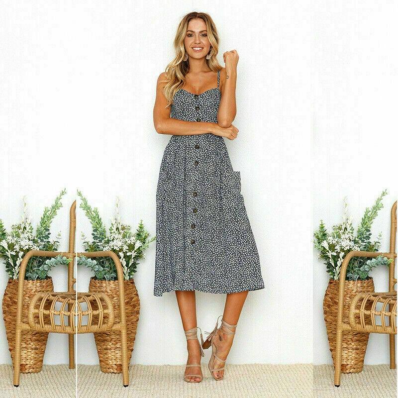 Elegante Abito Midi Estivo da Donna Boho con Spalline Sottili e Tasche a Bottone