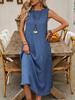 Damen Sommerkleid, lässig, ärmellos, Baumwolle, Leinen, Maxilänge, Tunika, Rundhalsausschnitt, Tank, solides Strandkleid mit Taschen