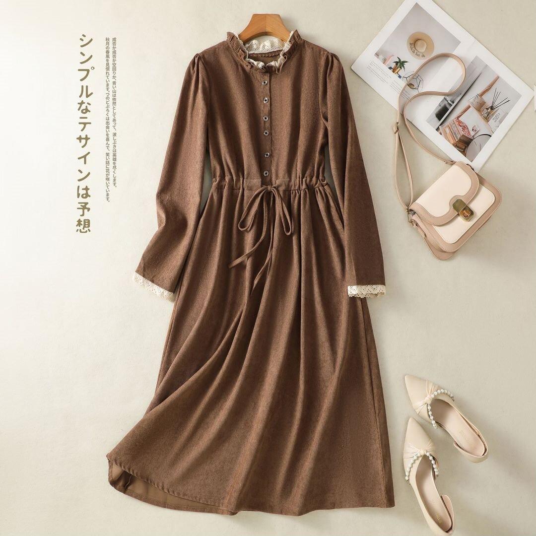 

Однотонное платье с кружевным воротником и длинными рукавами для женщин, весна-осень 2025 года, новая свободная и тонкая длинная юбка в иностранном стиле со шнуровкой на талии 2XL темно-коричневого