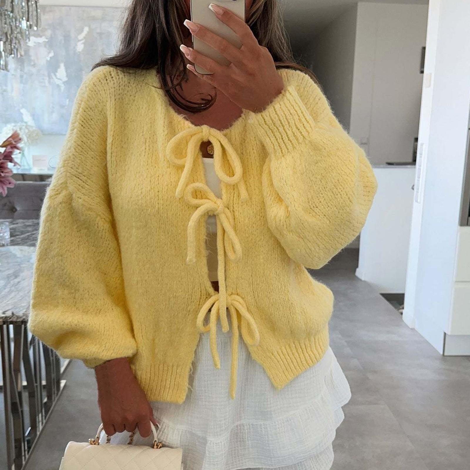 

Женский кардиган с круглым вырезом и длинными рукавами, на шнуровке, приталенный XL жёлтый
