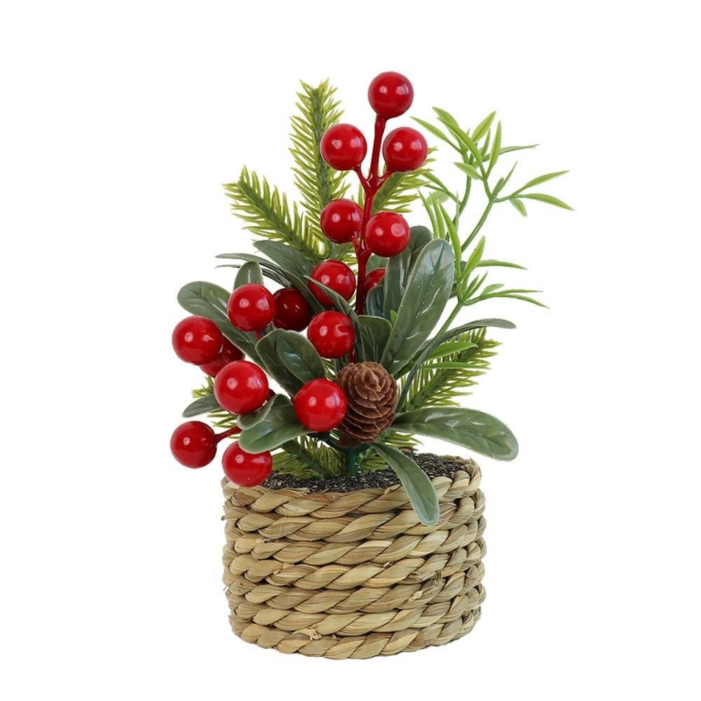 Faux Artificial Christmas Plant Woven Basket Mini Potted Plant Christmas Decor