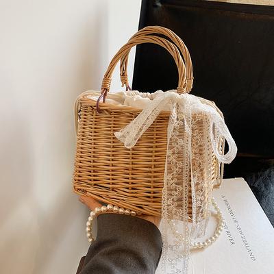 Fashion Sweet Style Personalized Rattan Woven Silk Scarf Women's Basket Bag New Commuter Versatile Shoulder Messenger Bag