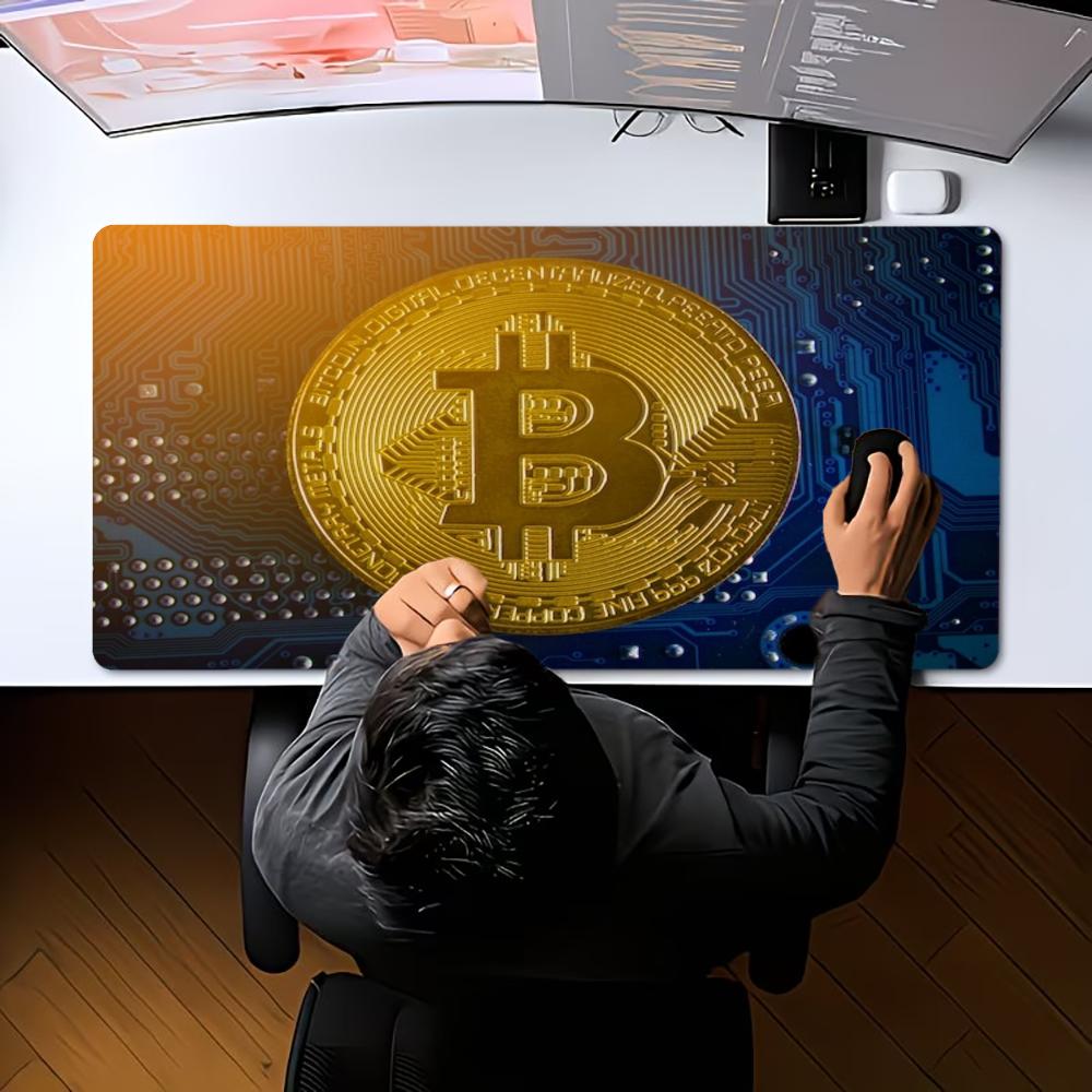 Gaming Mouse Pad Bitcoin Circuit Board Print Gold Silver Crypto Coin Anti Slip Rubber XXL Large Desk Mat For PC Laptop Gamers