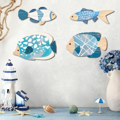 4 st träfisk väggdekoration Rustik Strand Nautisk Träkonst Kusttema Hängande skylt för Hem Sjöhus Badrumsinredning