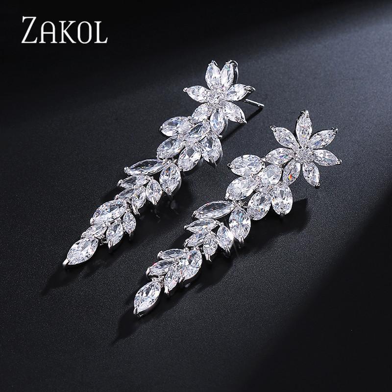 ZAKOL Luxury Marquise Cluster Flower Shape Cubic Zirconia Long Dangle Drop Earrings for Brides Wedding  Zircon