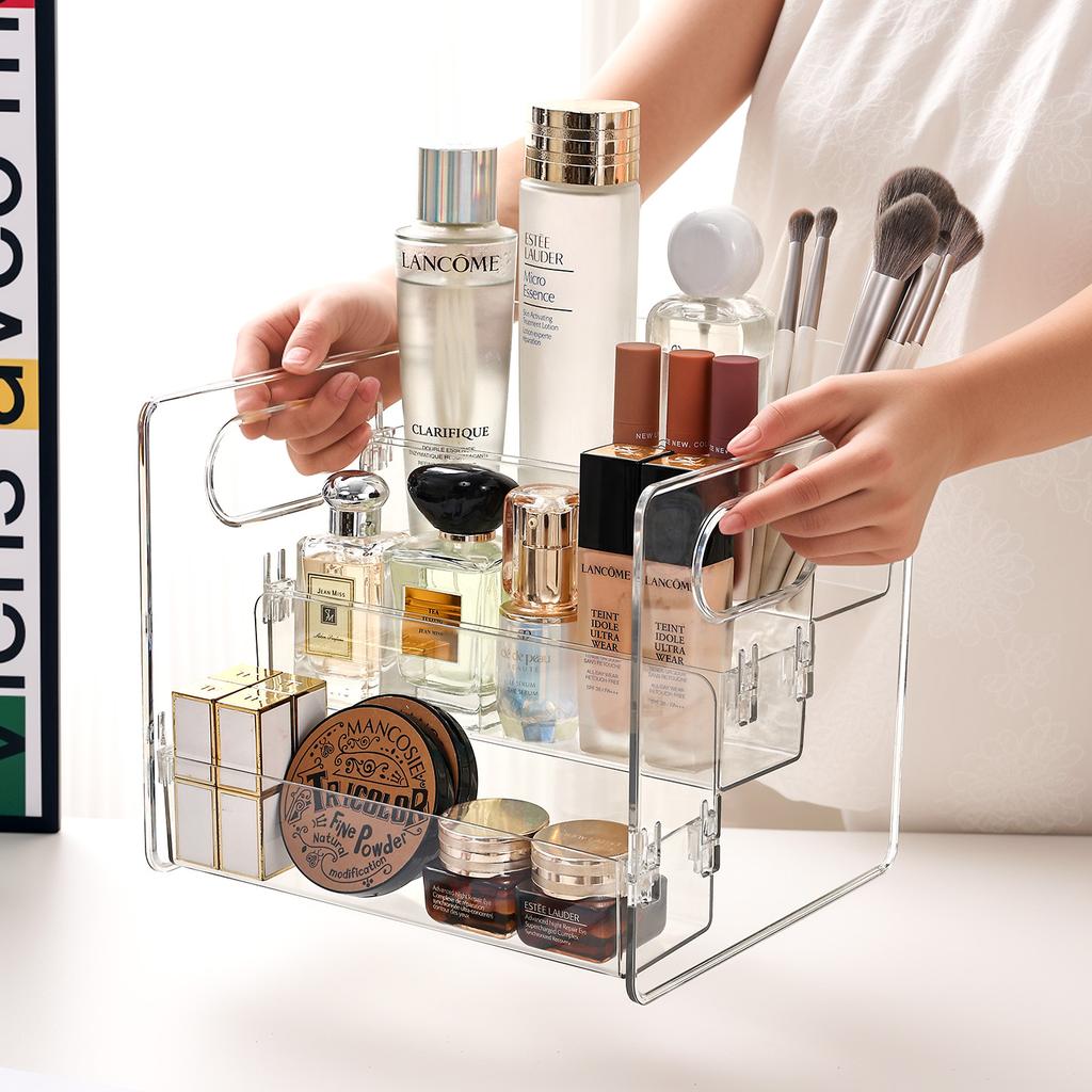 1pc Transparent Acrylic Cosmetic Storage Rack Threelayer Snap Detachable Handheld Cosmetic Container Skincare Desktop Organizer