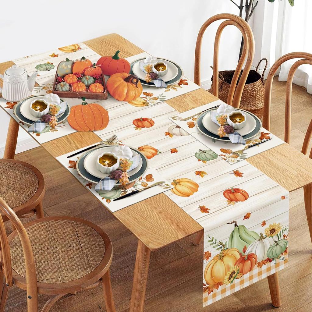 Bonhause Fall Pumpkins Maple Leaves Table Runner 13x72 Inch Orange Buffalo Plaid Autumn Thanksgiving Kitchen Dinning Table Decoration for Indoor