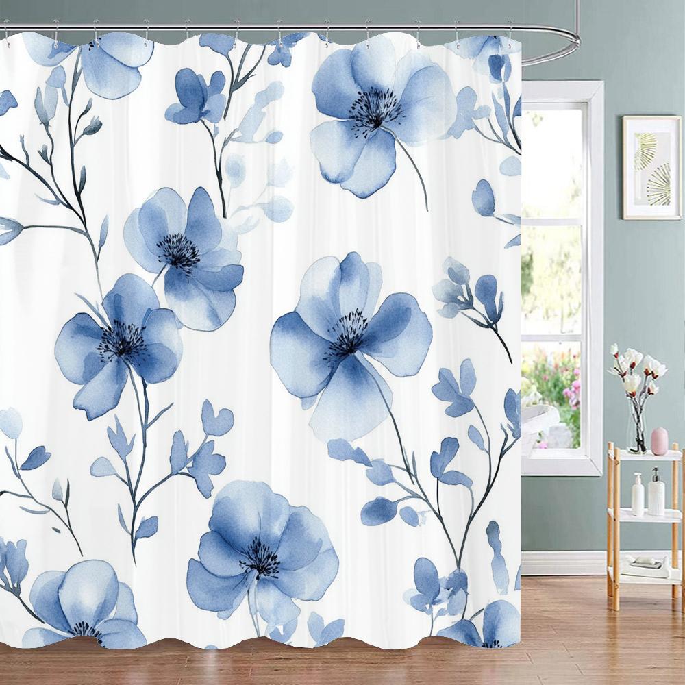 Modern Watercolor Blue Flowers Print Shower Curtain, Polyester Shower Curtain with Hooks for Bathroom Decorative Shower Curtain