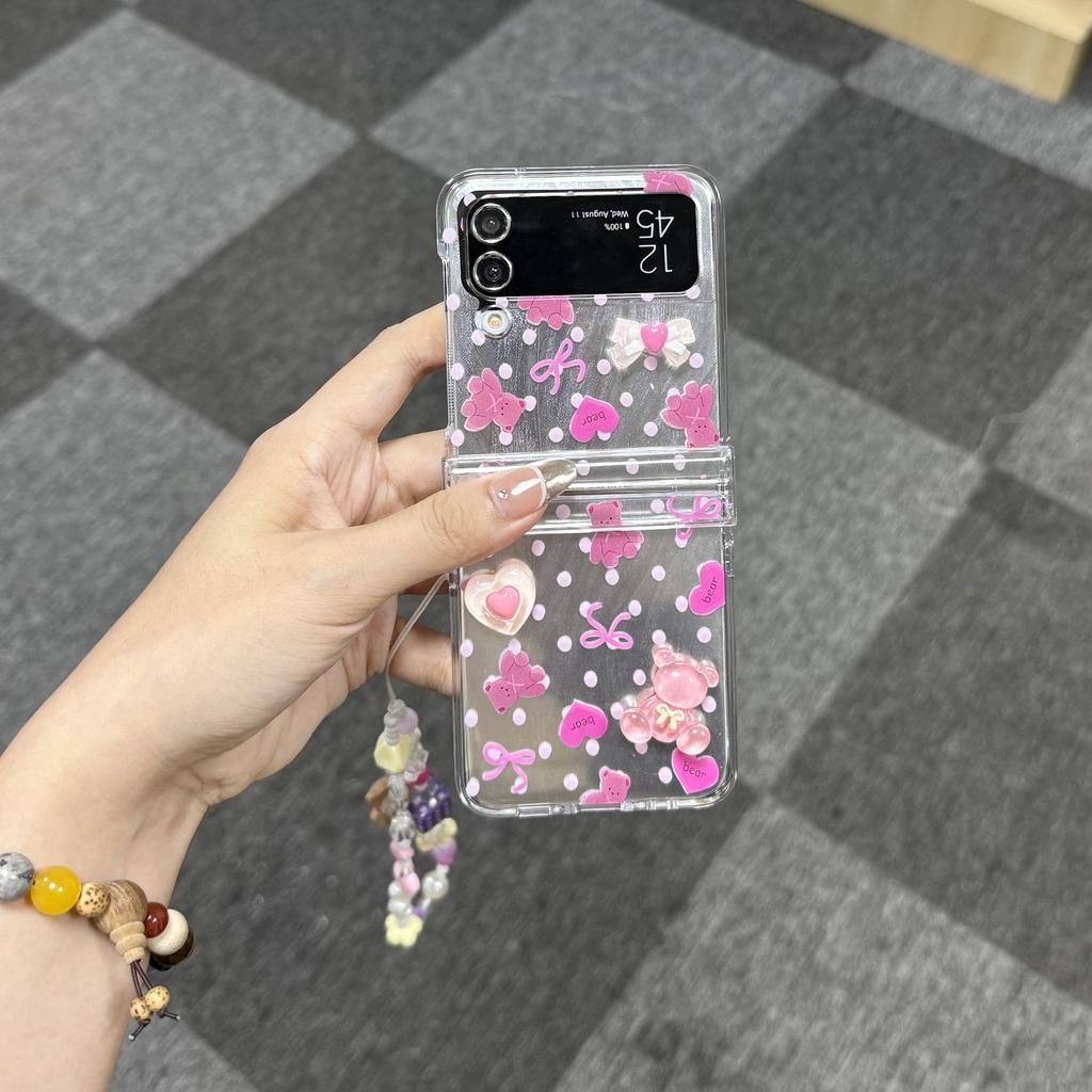 Polka Dot Love Bear Folding Phone Case with Chain Cute Girl Phone Accessories for Galaxy Z Flip 3 4 5 6