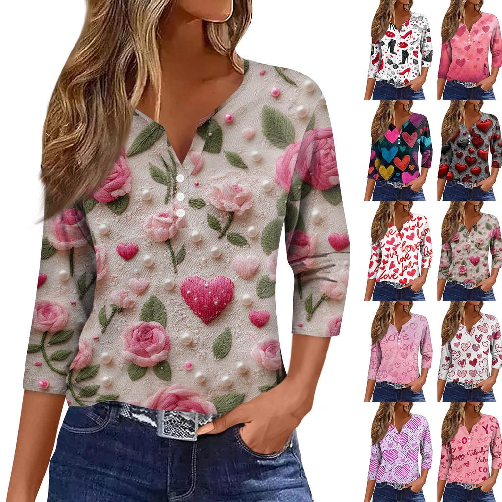 Damen Kragen Valentinstag Print Kurzarm T-Shirt Top