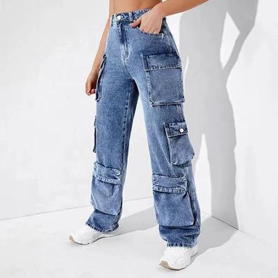 Women Denim Trousers Fashionable Solid Color Versatile Multi-pocket Casual Pants Ladies Large Size High Waist Denim
