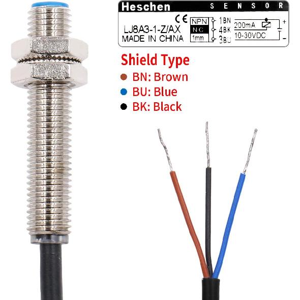 Heschen M8 Inductive Proximity Sensor Switch Shield Type LJ8A3-1-Z/AX Detector 1mm 10-30VDC 200mA NPN Normally Closed(NC) 3 Wire
