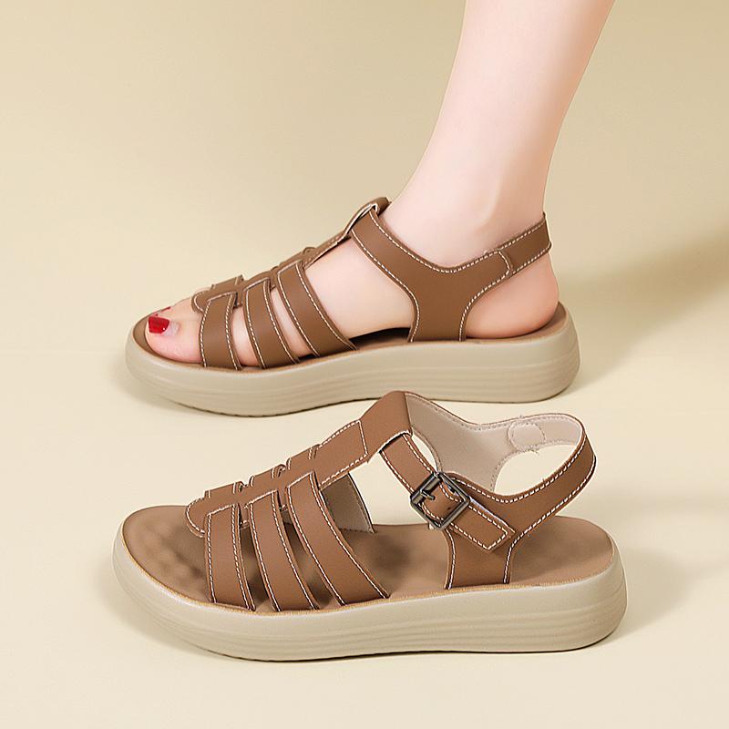 Women's Summer Black Leather Sandals Elevator Casual Slip On Plus Size Brown Walking Minimalist Roman Sandals for Girl