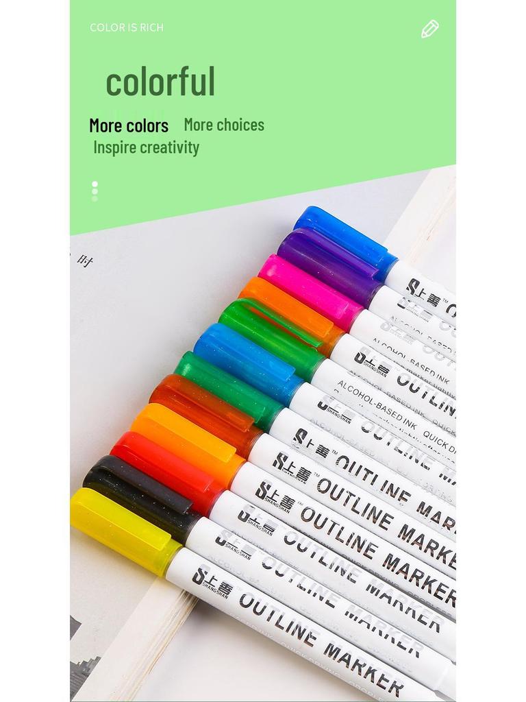 Children's Dual-Line Outline Highlighter Pen Set - 8 or 12 Colors for Drawing and Journaling