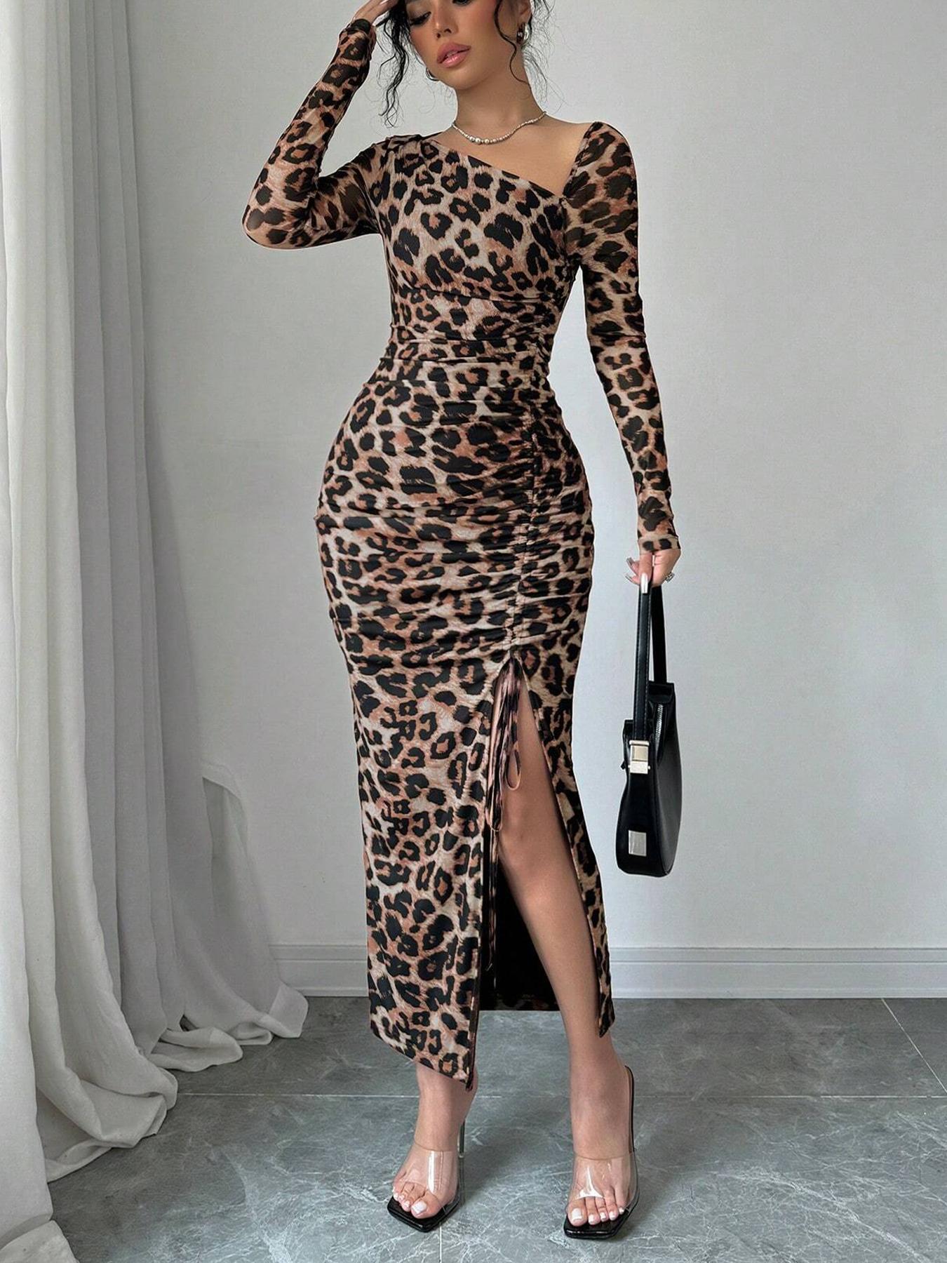 

2025 Женское платье с леопардовым принтом, длинным рукавом, приталенного силуэта и разрезом XL темно-коричневого