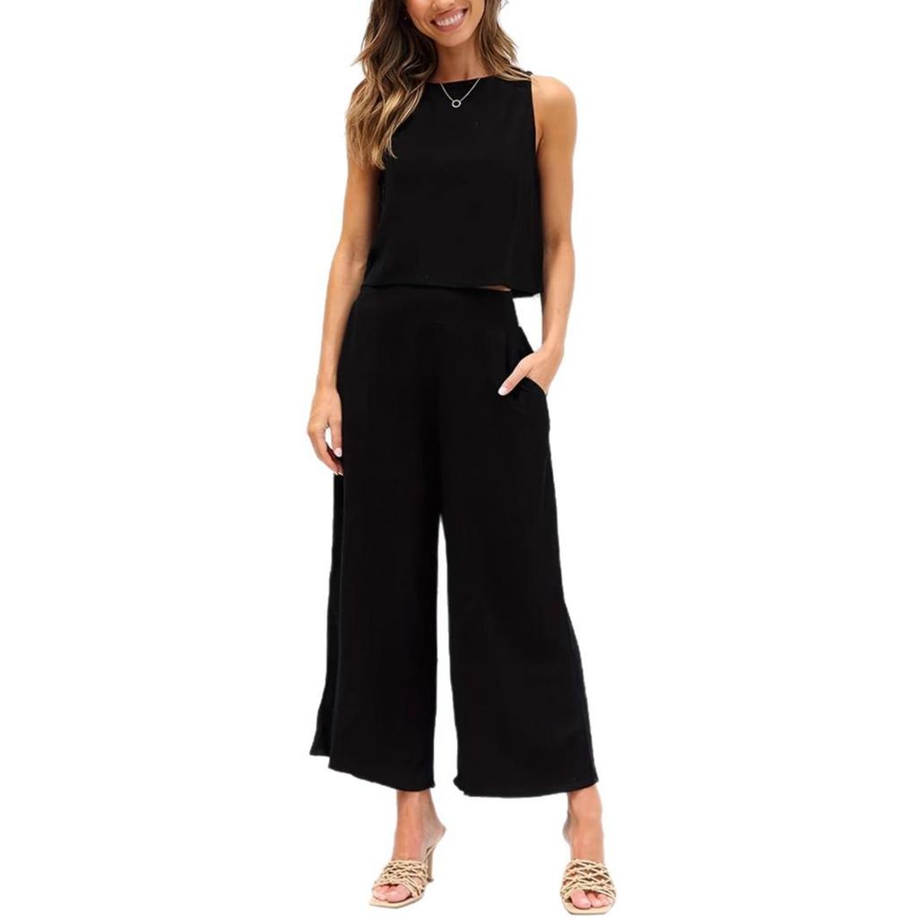 Europe, America 2025 Women's Summer 2-piece Sleeveless Vest Button Top Wide Leg Pants Pocket Casual Set