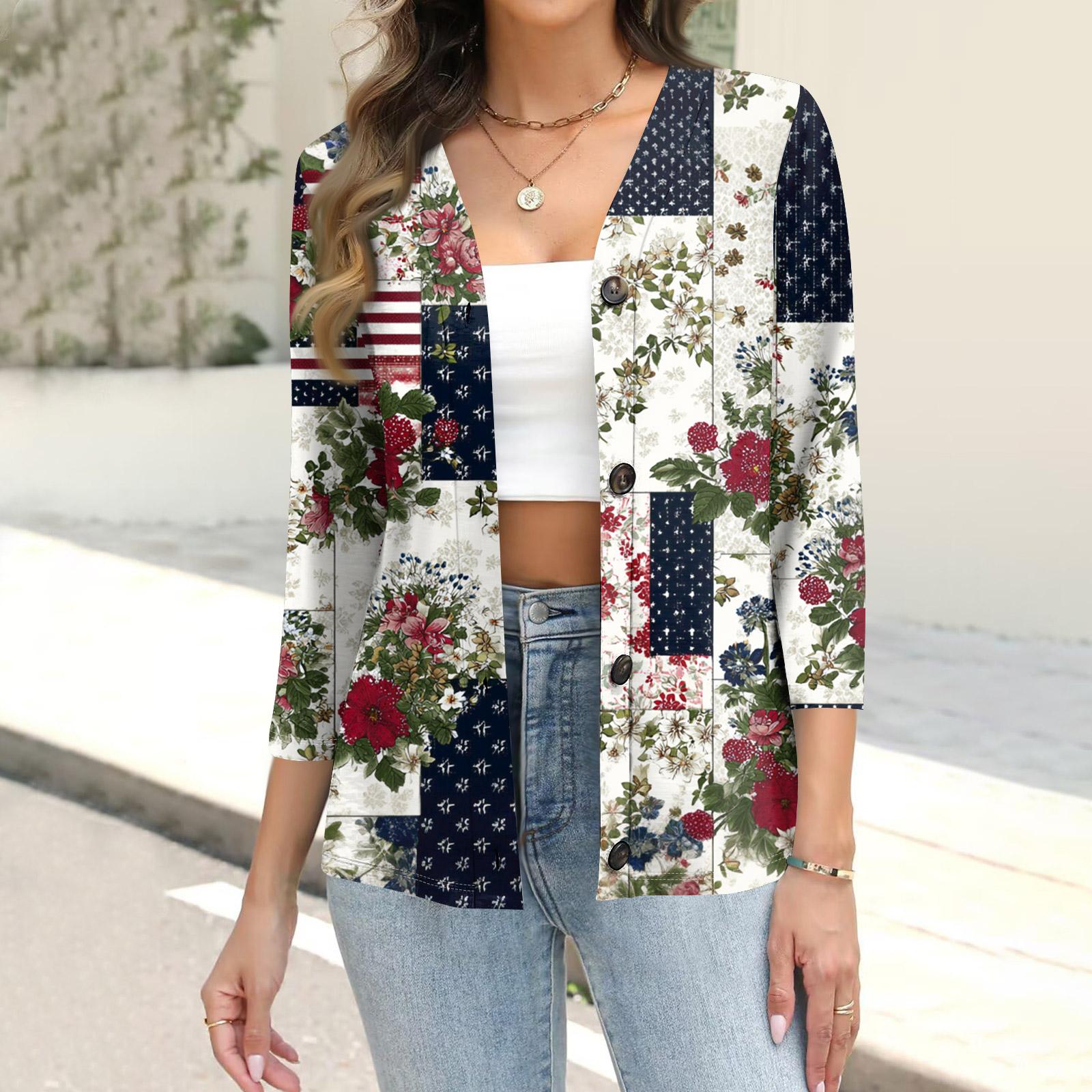 

Women s Fashion Casual Print Button-down Shirt 3/4 Sleeve Tops XXL