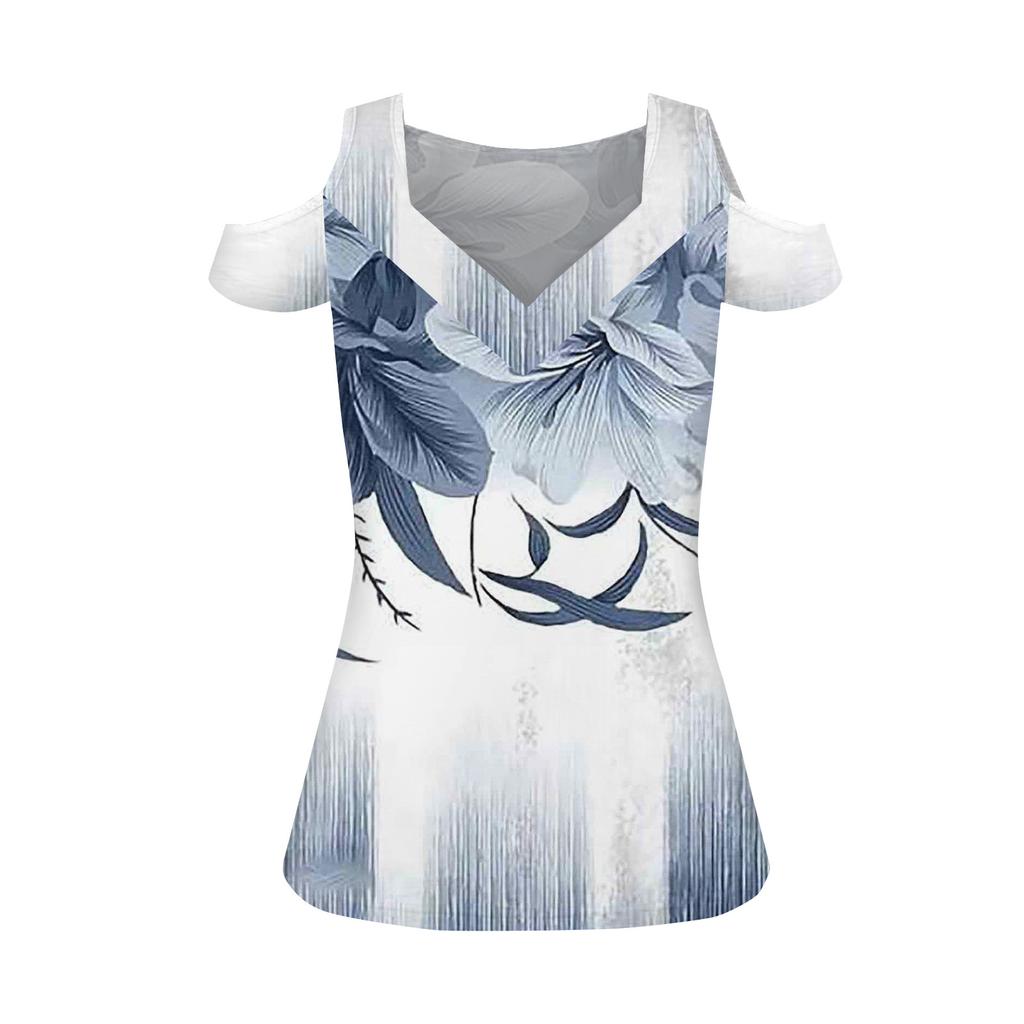 Letnia bluzka damska Bluzka z krótkim rękawem, odkrytymi ramionami, dekoltem w serek, luźna, podstawowa koszulka, swobodny top, koszula