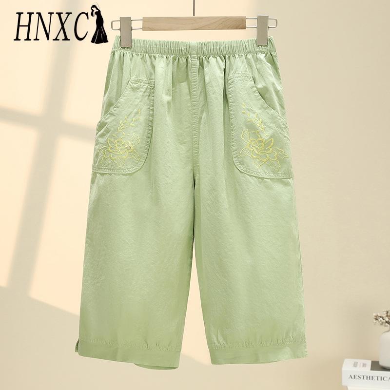HNXC Summer Women Elastic Waist Straight Trousers Middle Age Older Women High Waist Straight Pants Washed Cotton Cropped Plus Size Pants