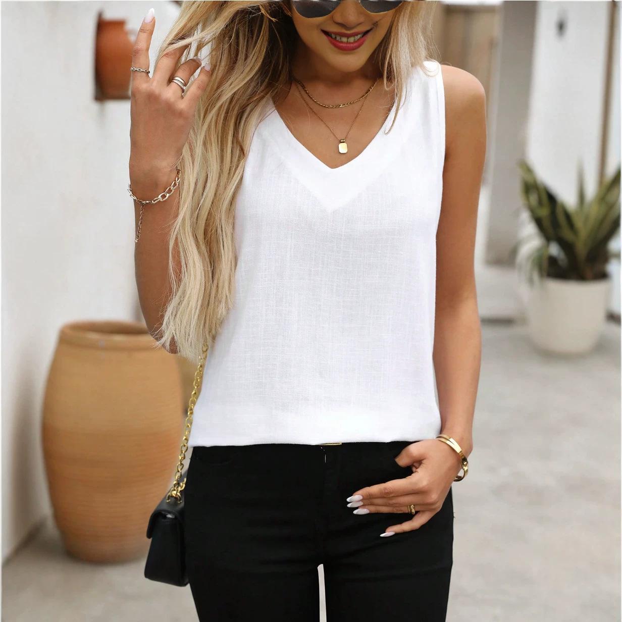 Women Sleeveless V Neck Tank Top Summer Casual Solid Color Loose Fit Streetwear Vest Top S белый