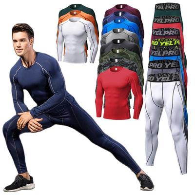 Eén set hardloop-jogging-T-shirt voor heren + broek Training Gym Fitness Sneldrogende broek Professionele sportkleding Kleding met lange mouwen