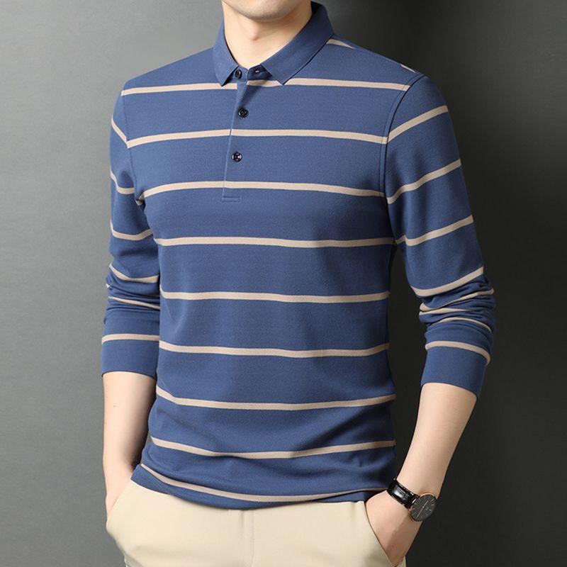Men's Korean-Style Pullover Cotton Lapel Polo Shirt Long-Sleeve Striped Loose Button T-Shirt