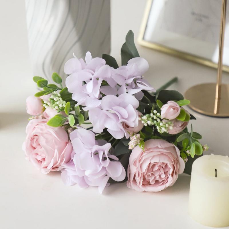 1pc Blue Artificial Flower Hydrangea Fake Peony Silk Flowers Rose Bouquet for Home Wedding Bride Bouquet Decor, Valentine Day