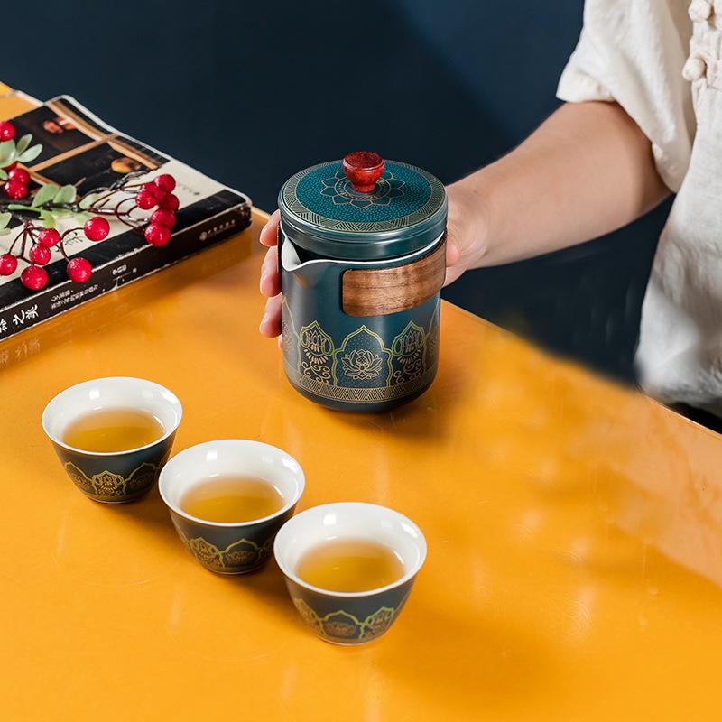 Cestovní čajová souprava, přenosný hrnek Kuaike, jedna konvička, dóza na čaj se třemi šálky, venkovní kempingová konvice na čaj, obchodní konvička