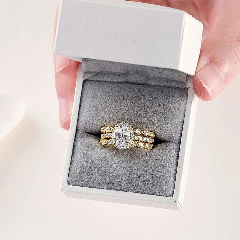 Huitan 3Pcs Set Rings for Women Gold Color Luxury Wedding Accessory Trendy Proposal Engagement Rings High-quality Female