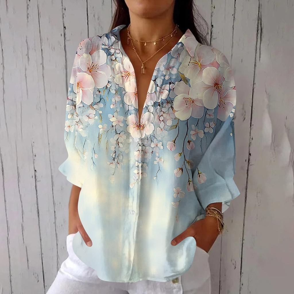 Women's Fashion 3/4 Sleeve Casual Lapel Back Tie- Floral Print T-Shirt Top