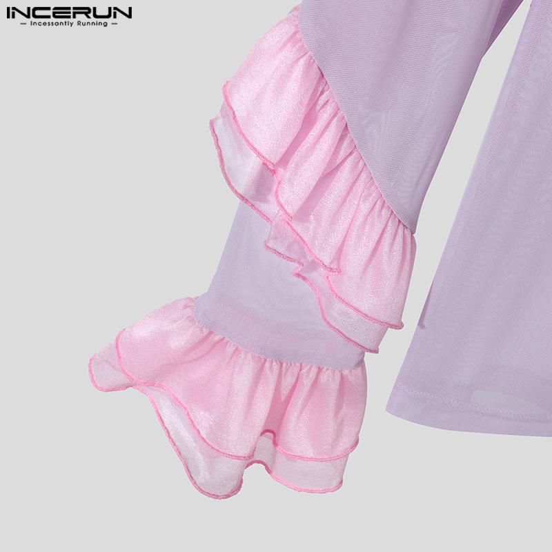 INCERUN Men Long Sleeve Ruffled Hem See Through Tops Party Mesh Shirts