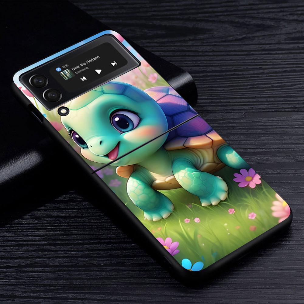 Cute Little Turtle Luxury Case for Samsung Galaxy Z Flip4 Flip3 5G PC Hard Cell Phone Shell Z Flip 4 3 Black Zflip4 Zflip3 Cover