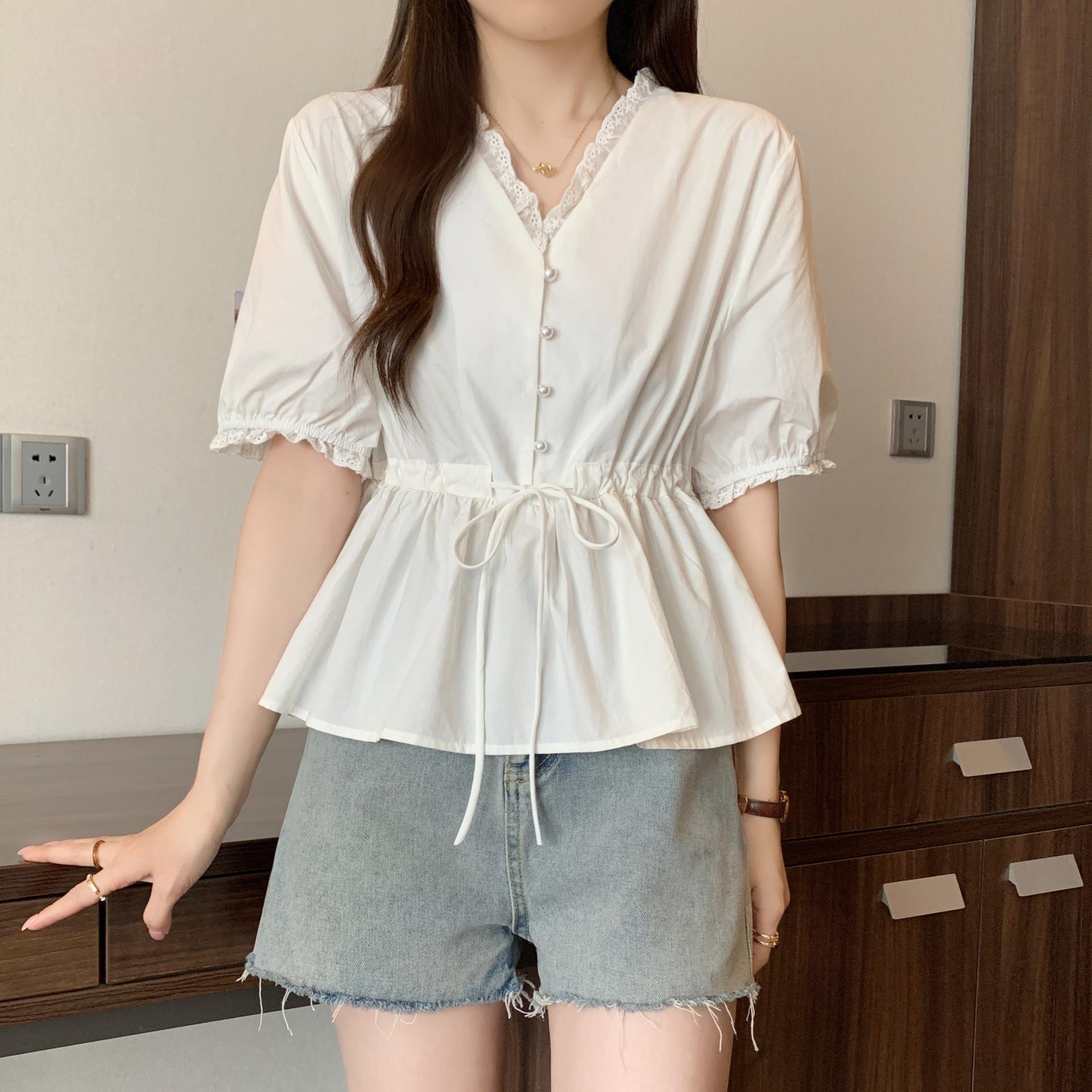 

Plus Size Korean Drawstring Waist Doll Top - Short Sleeve Summer Style L грязно-белый