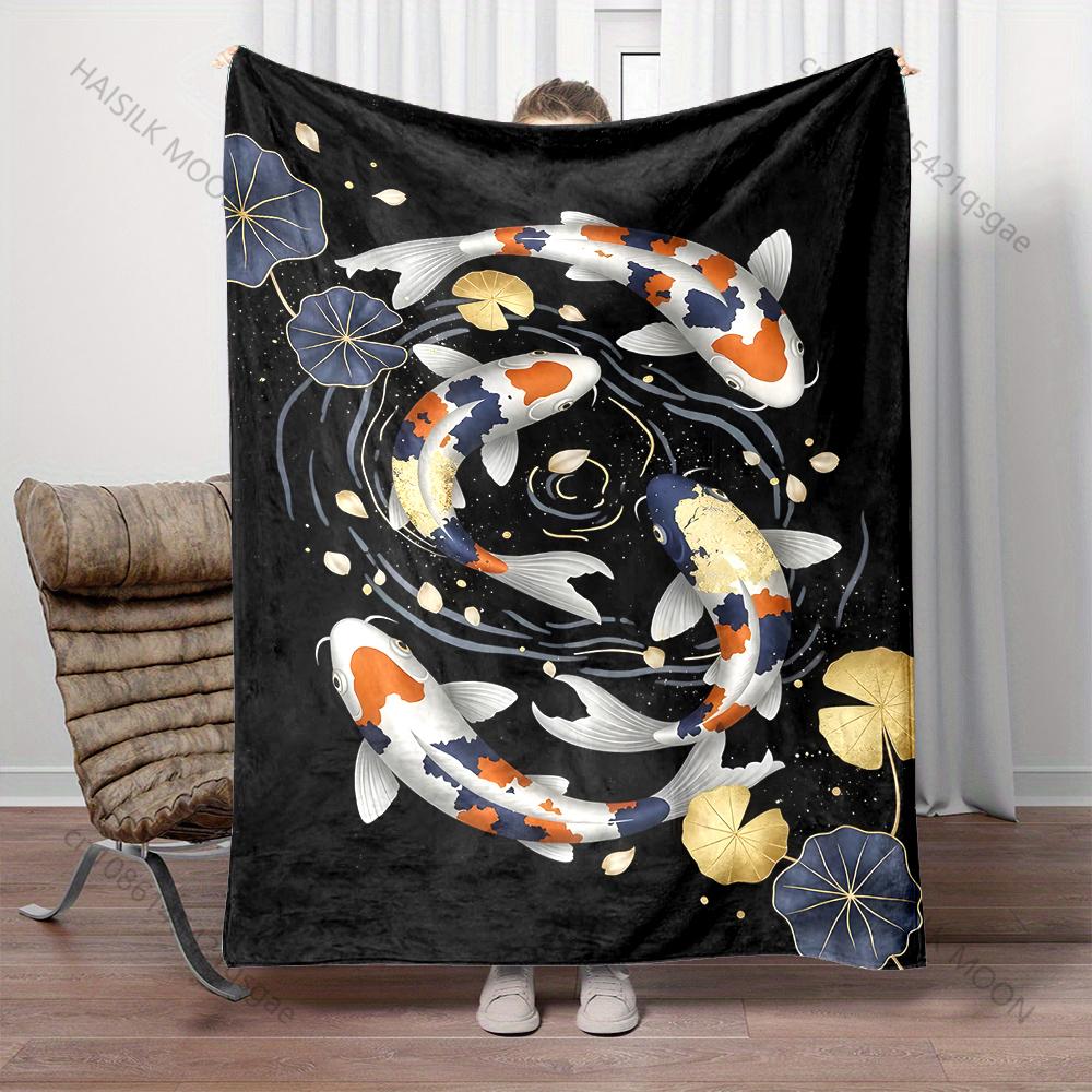 1PC Koi Pair Lotus Stained Glass Print Blanket Flannel Material Soft Warm for All Seasons Home Outdoor Camping Picnics RV