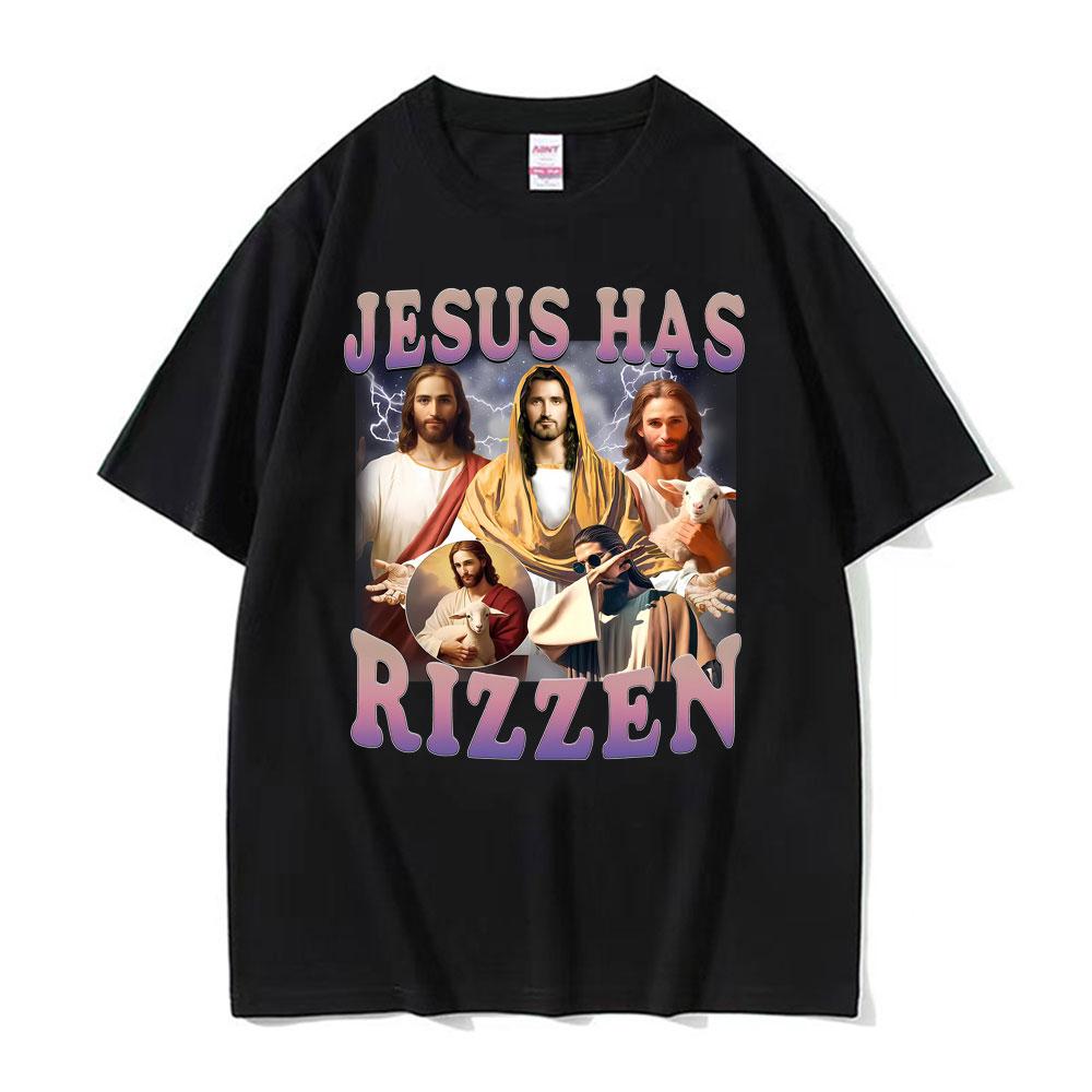 Jesus Has Rizzen Funny T Shirt Men Women Clothing Vintage Trending Oversized Tee Shirt High Quality Cotton Short Sleeve Tshirts
