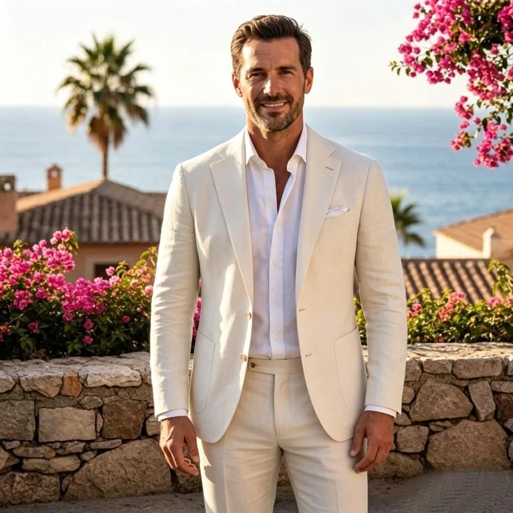 Sage Green Linen Men Suits 2 Pieces Slim Fit Blazer Trousers Breathable Lightweight Fabric Casual Wedding Business Office Wear