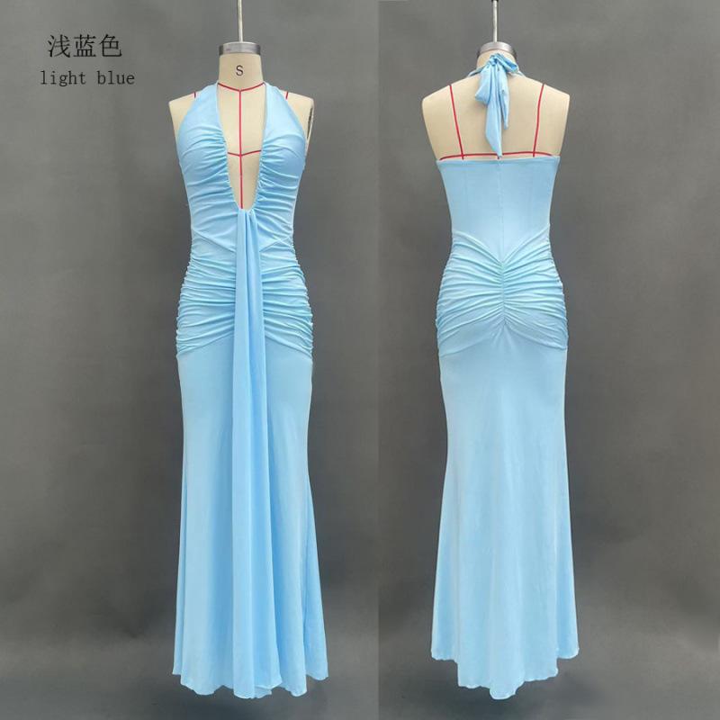 New Women's Long Dress Solid Color Elegant Neck Deep V Waist Sexy Backless Streamer Fishtail Skirt