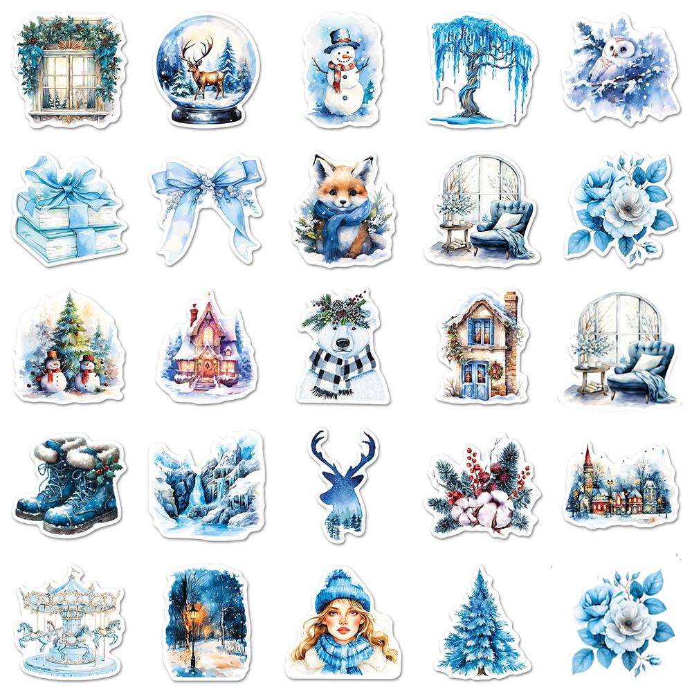 10/30/50pcs INS Blue Christmas Graffiti Stickers Aesthetic Waterproof Decor Scrapbooking Stationery Phone Case Cute Sticker Pack