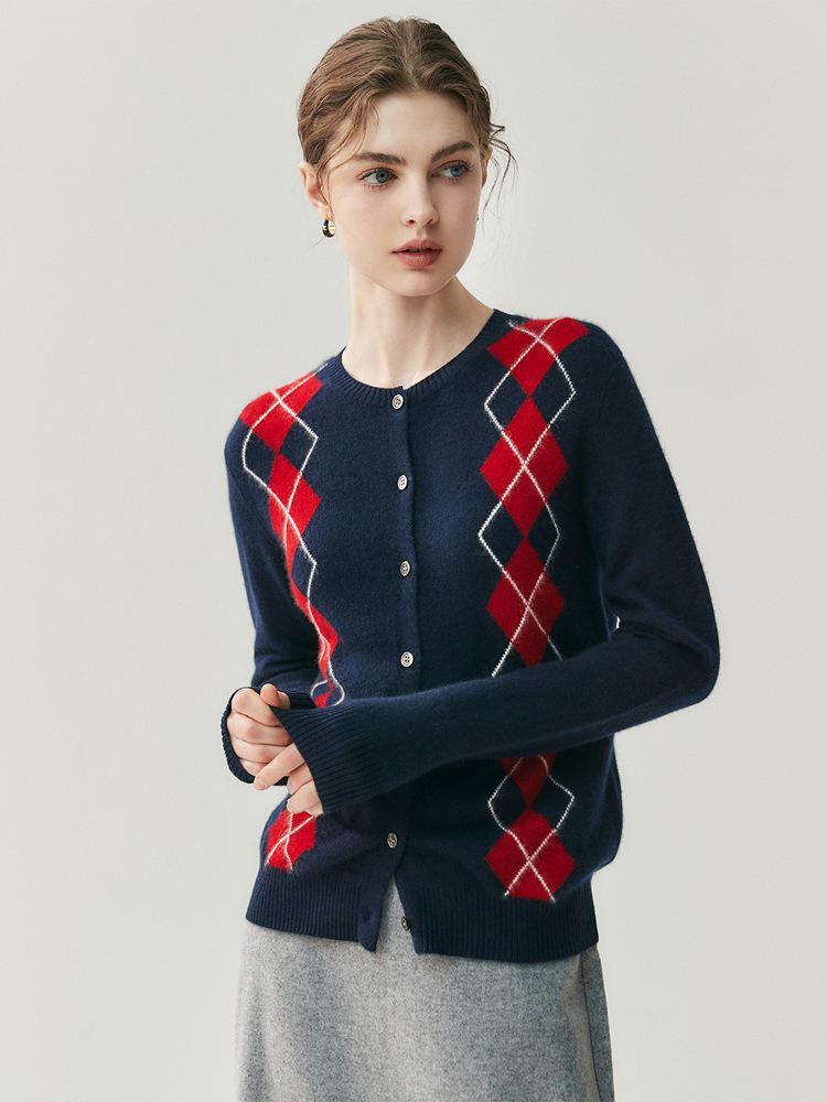 Women's Retro Rhombus Plaid Cashmere Cardigan Coat - Autumn/Winter Thick Knit Sweater