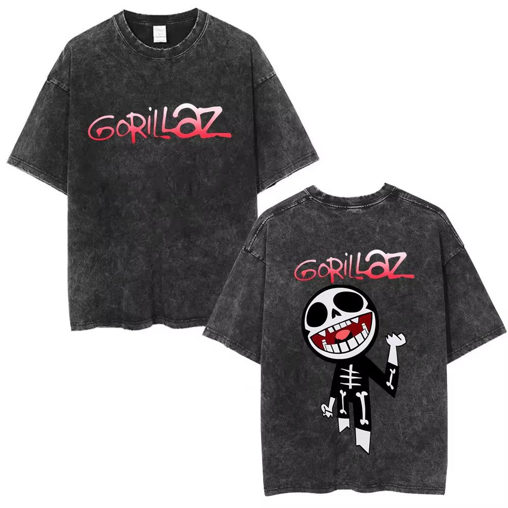 Washed Vintage Rock Band Gorillaz Album Graphic T-shirt Men's Women Hip Hop Fashion Oversized T Shirts Male Cotton Streetwear
