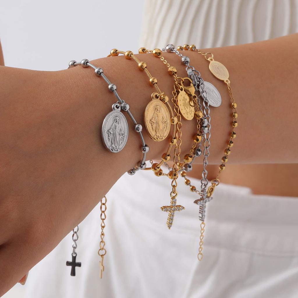 Vnox Stainless Steel Rosary Bracelet For Women Men,Religious Cross Virgin Mary Accessories Chain Bracelets,Christ Jesus Jewelry