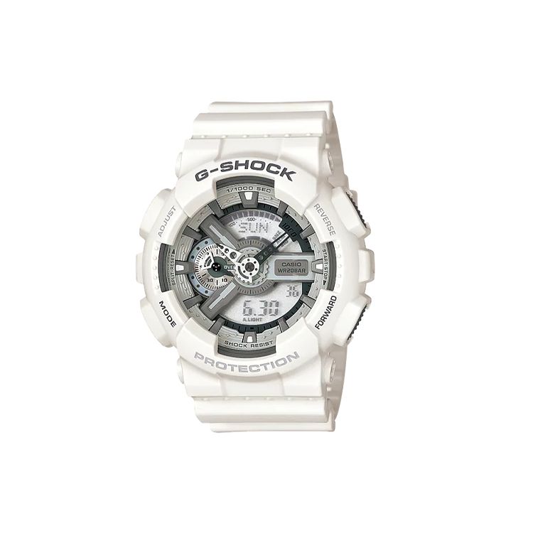 

Casio G-Shock Series Fashion Trend Street Classic Pointer Dual Display Analog Digital Watch Waterproof Quartz Movement Resin Strap GA-110C-7AJF White Strap