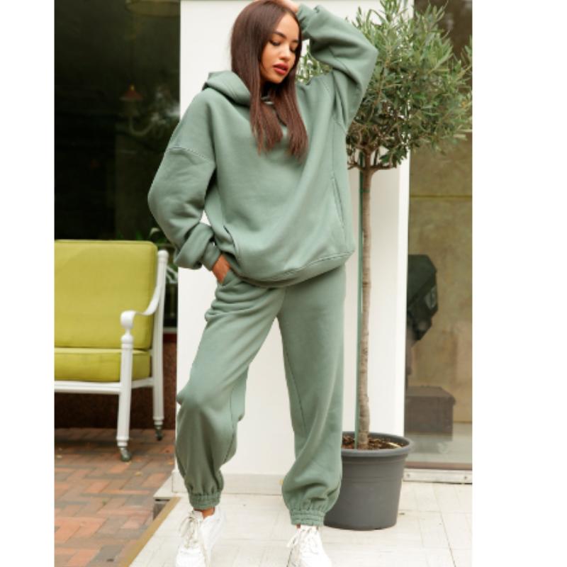 Autunno e inverno moda tinta unita maglione con cappuccio casual due pezzi tuta donne