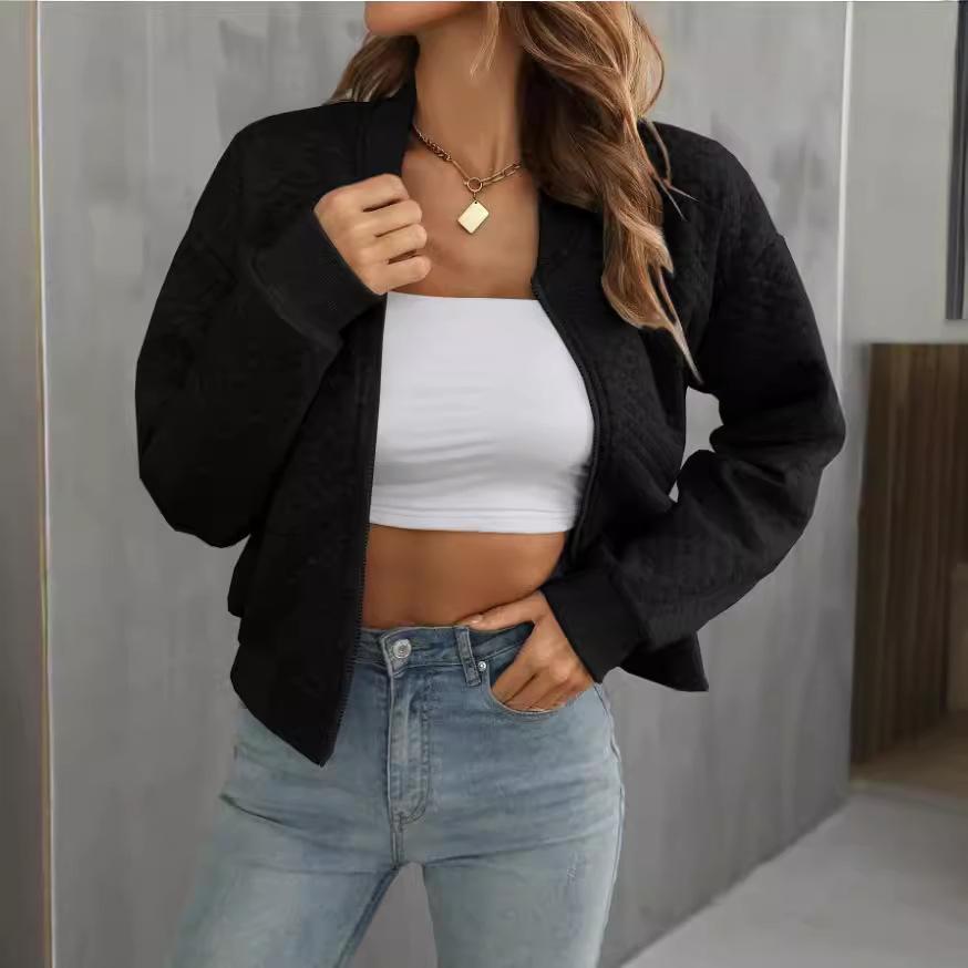 Women Solid Zip Up Cropped Jacket Long Sleeve Stand Collar Cardigan Coat Streetwear Casual Outerwear Fall 2024 Amazon Wish Fashion Top