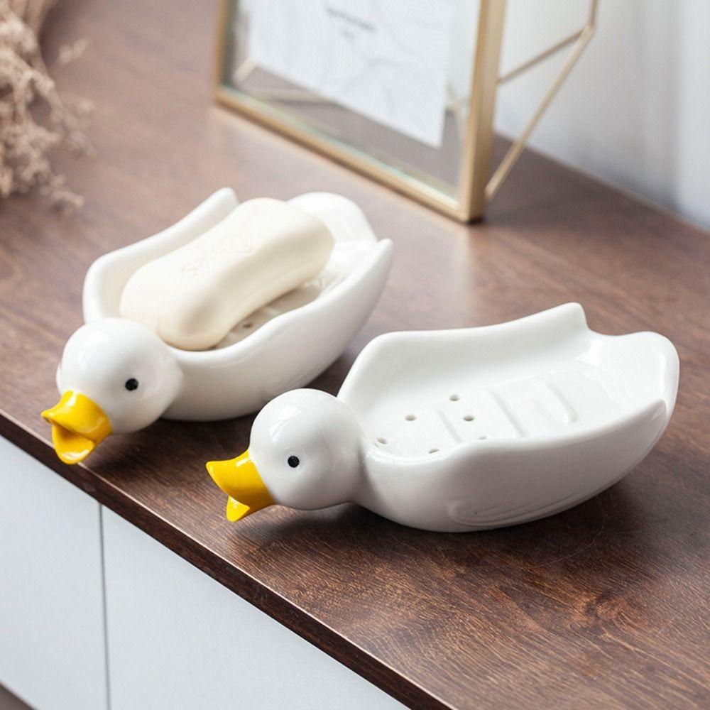 Self Draining Soap Dish Ceramic Duck Shape Soap Rack Cute   Toilet