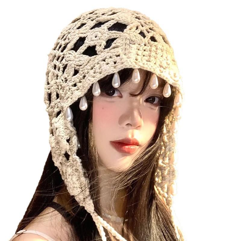 Modische Blumen-Häkelmütze für Damen im Sommer, ethnischer Stil, handgestrickt, modisch, modische gestrickte Mütze